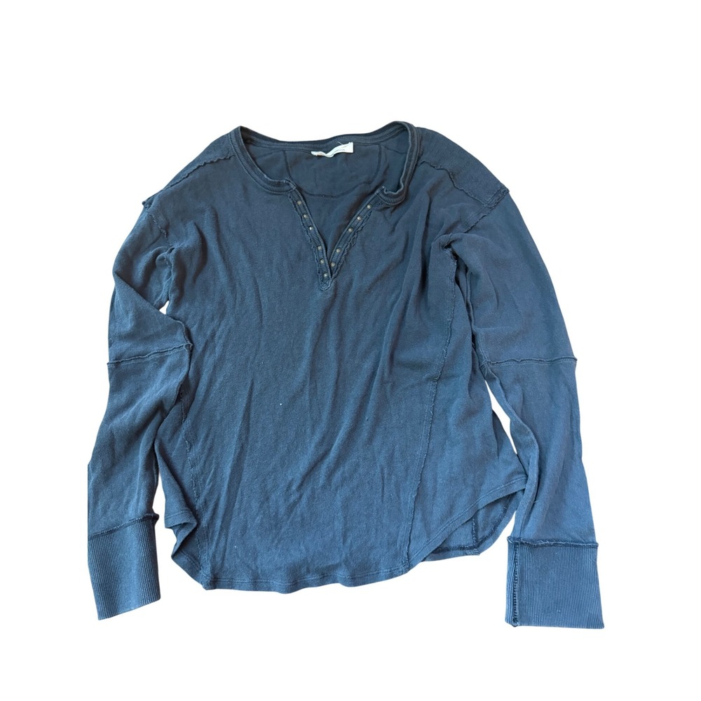 We The Free Free People‎ Studded V-Neck Henley Top Gray Long Sleeve Size L Large